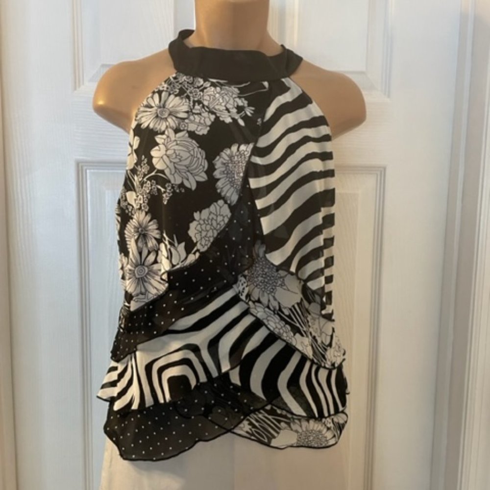 Johnathan Martin Black/White Ruffled Floral & Polka Dot Top Small